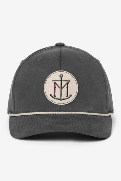 Gray cap with a circular emblem featuring an anchor and initials on a white background