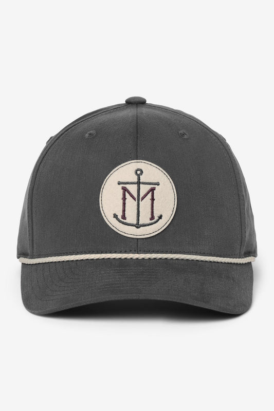 Gray cap with a circular emblem featuring an anchor and initials on a white background