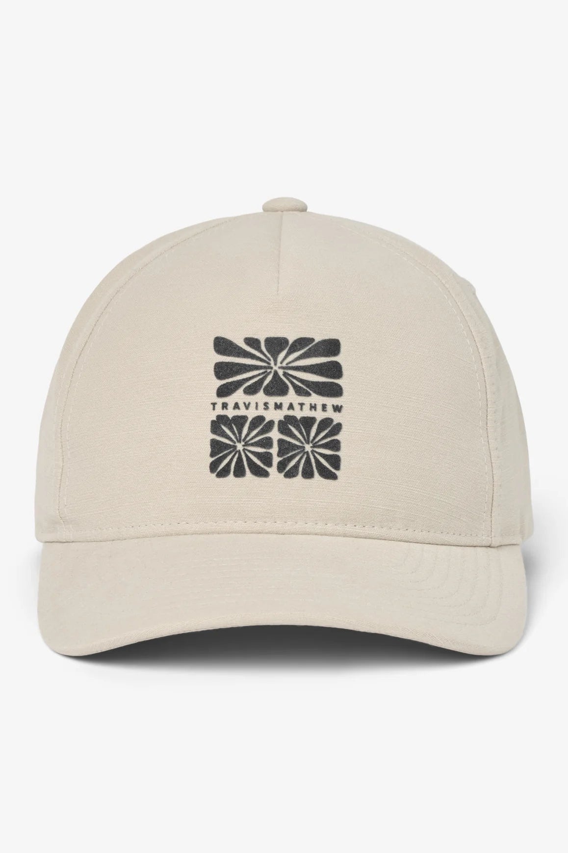 Beige cap with black logo on a white background