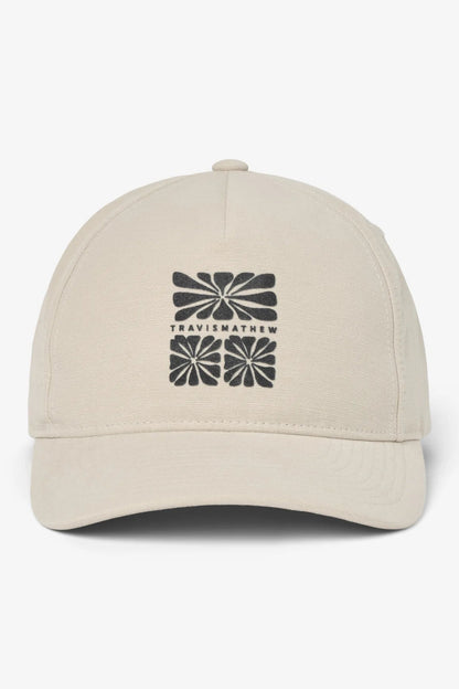 Beige cap with black logo on a white background
