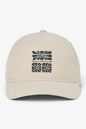 Beige cap with black logo on a white background