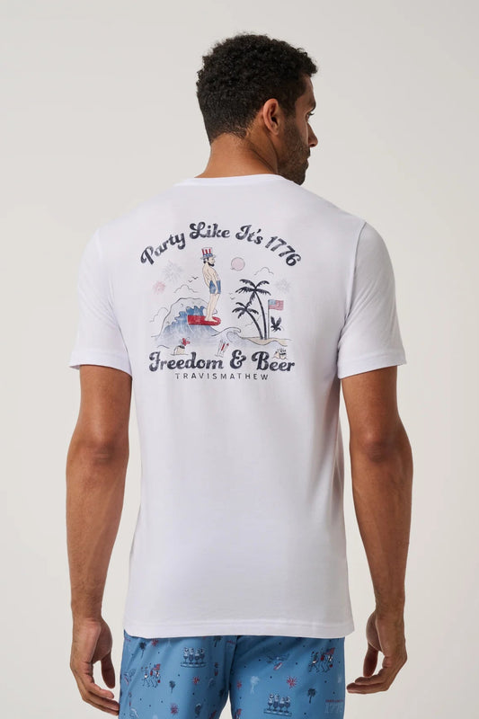 Man wearing a white t-shirt with a graphic design on the back, standing against a plain background.
