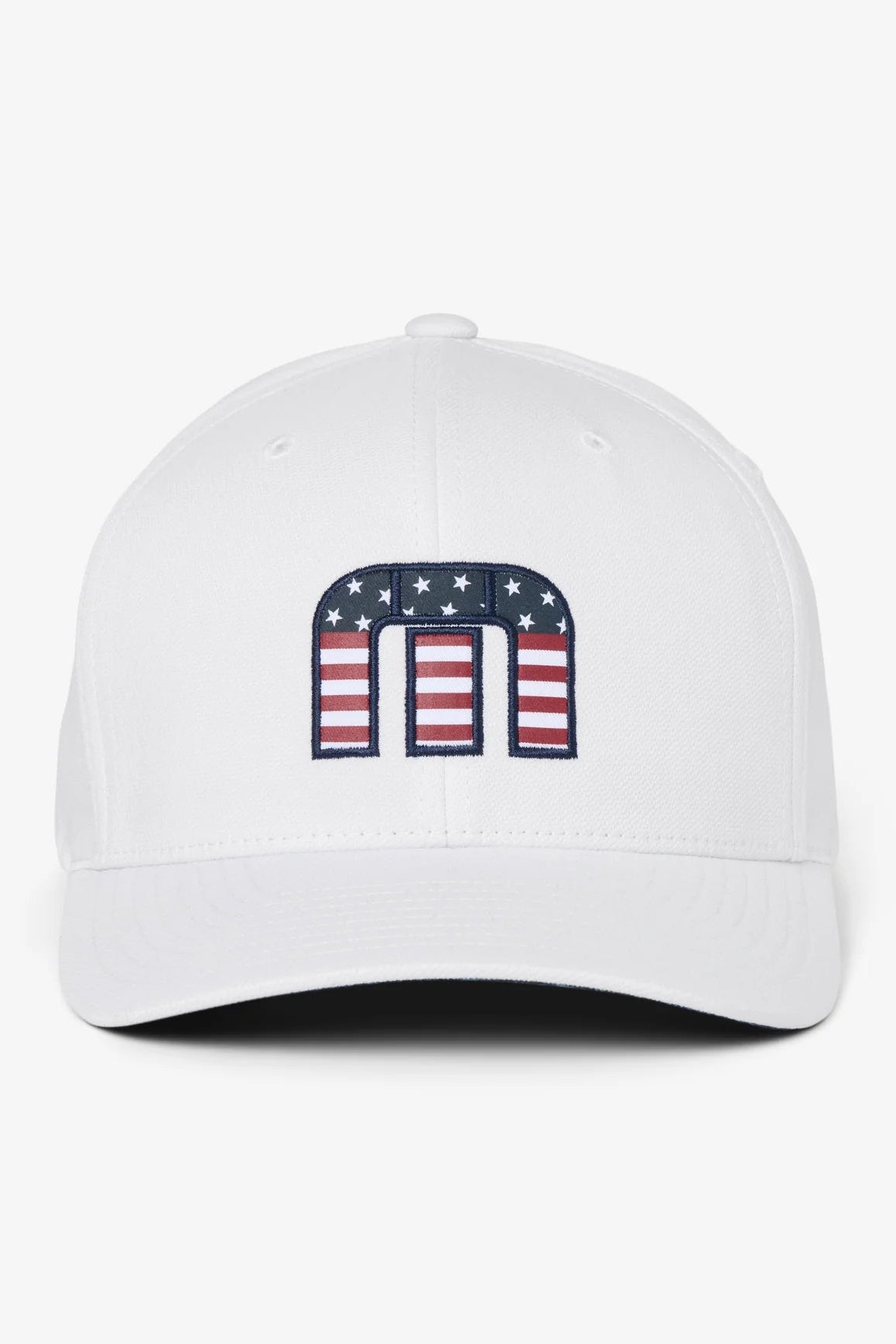 White cap with a red, white, and blue logo on a white background
