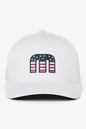 White cap with a red, white, and blue logo on a white background