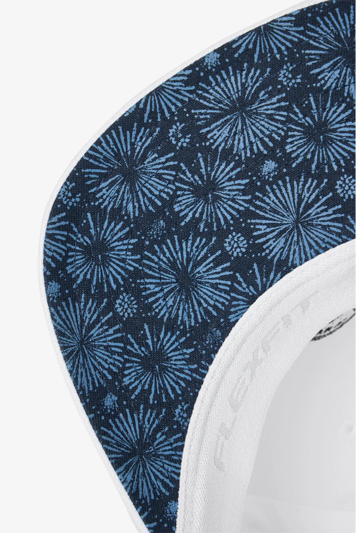 Close-up of a blue floral patterned cap with a white brim on a white background