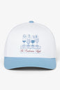 White and blue cap with graphic design on a white background