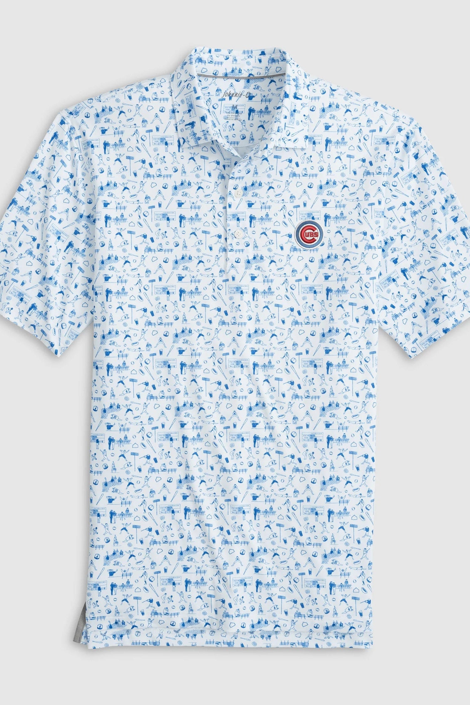 Blue and white patterned polo shirt on a light gray background
