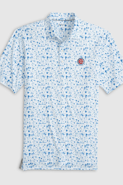 Blue and white patterned polo shirt on a light gray background