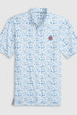 Blue and white patterned polo shirt on a light gray background