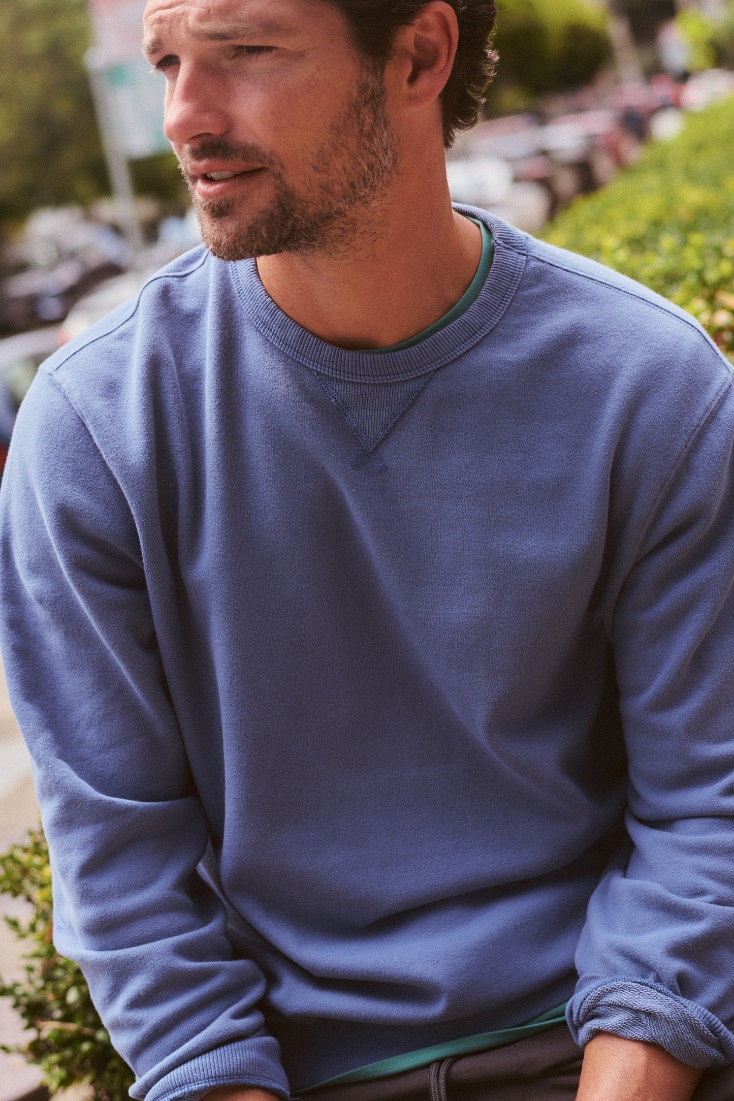 A man wearing a dusty blue crewneck sweatshirt, sitting outdoors on a stone ledge with green bushes and a blurred street background.