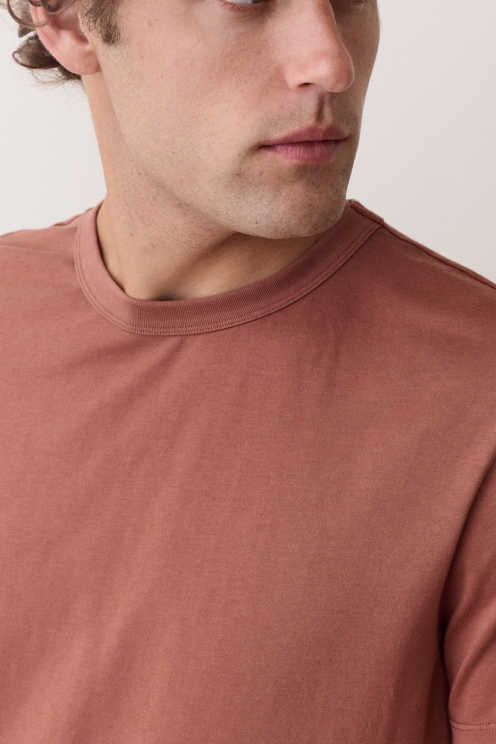 Close-up of a man wearing a muted dusty rose crew-neck t-shirt against a plain light beige background.