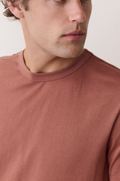 Close-up of a man wearing a muted dusty rose crew-neck t-shirt against a plain light beige background.