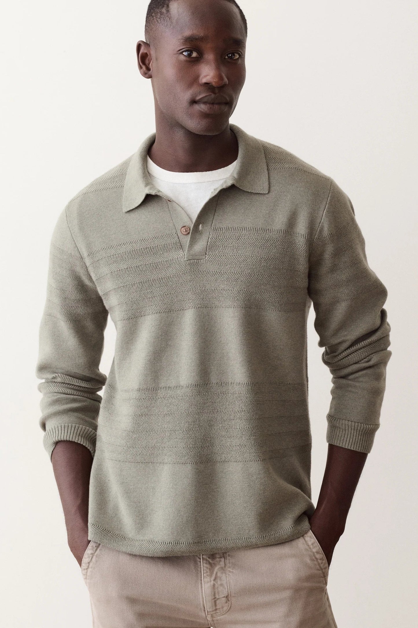 A man wearing a light olive green long-sleeve knit polo sweater over a white t-shirt and beige trousers, standing against a plain off-white studio background.