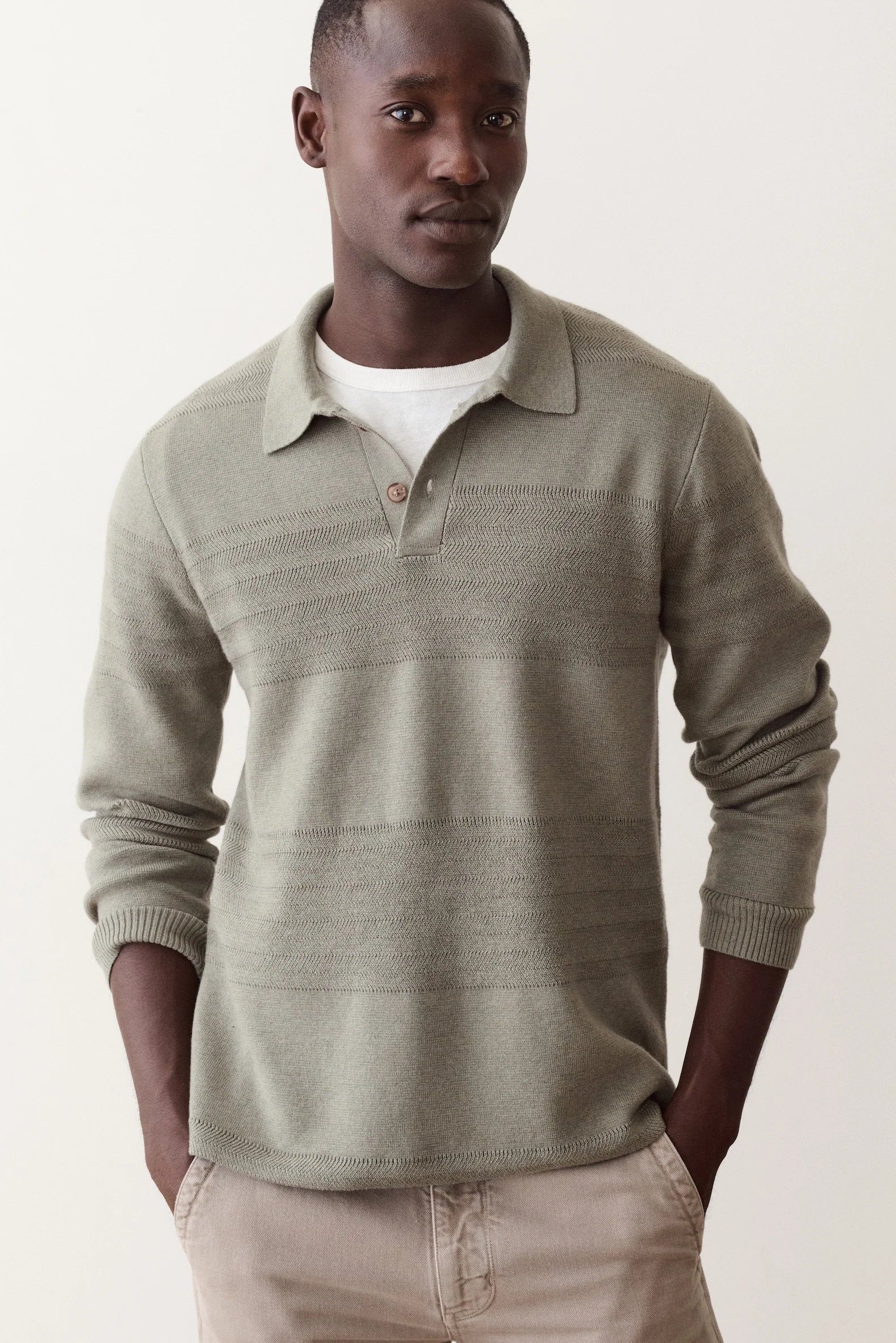 A man wearing a light olive green long-sleeve knit polo sweater over a white t-shirt and beige trousers, standing against a plain off-white studio background.