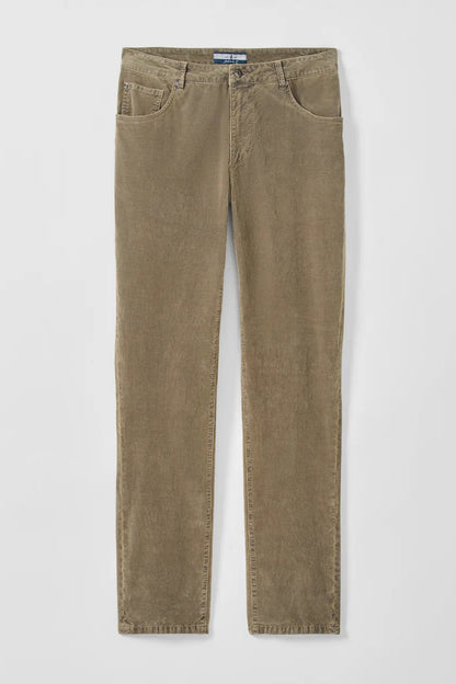 A pair of slim-fit corduroy jeans in a muted khaki-brown color, shown flat against a light gray background.