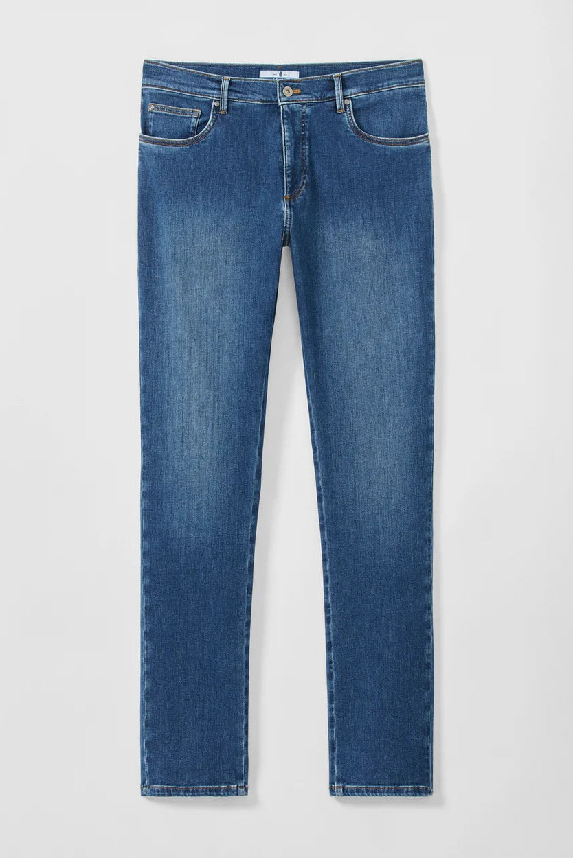 A pair of medium wash blue denim jeans shown flat against a light gray background.