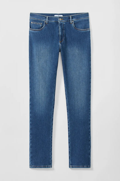 A pair of medium wash blue denim jeans shown flat against a light gray background.