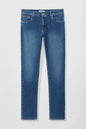 A pair of medium wash blue denim jeans shown flat against a light gray background.