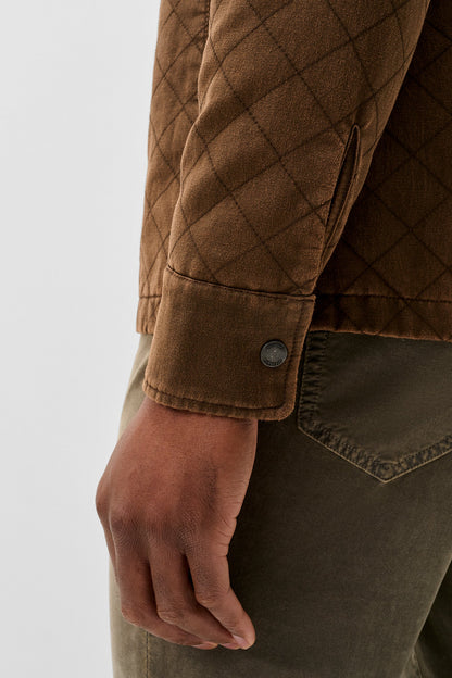 Close-up of a person wearing a brown quilted jacket with a buttoned cuff and olive green pants against a light gray background.