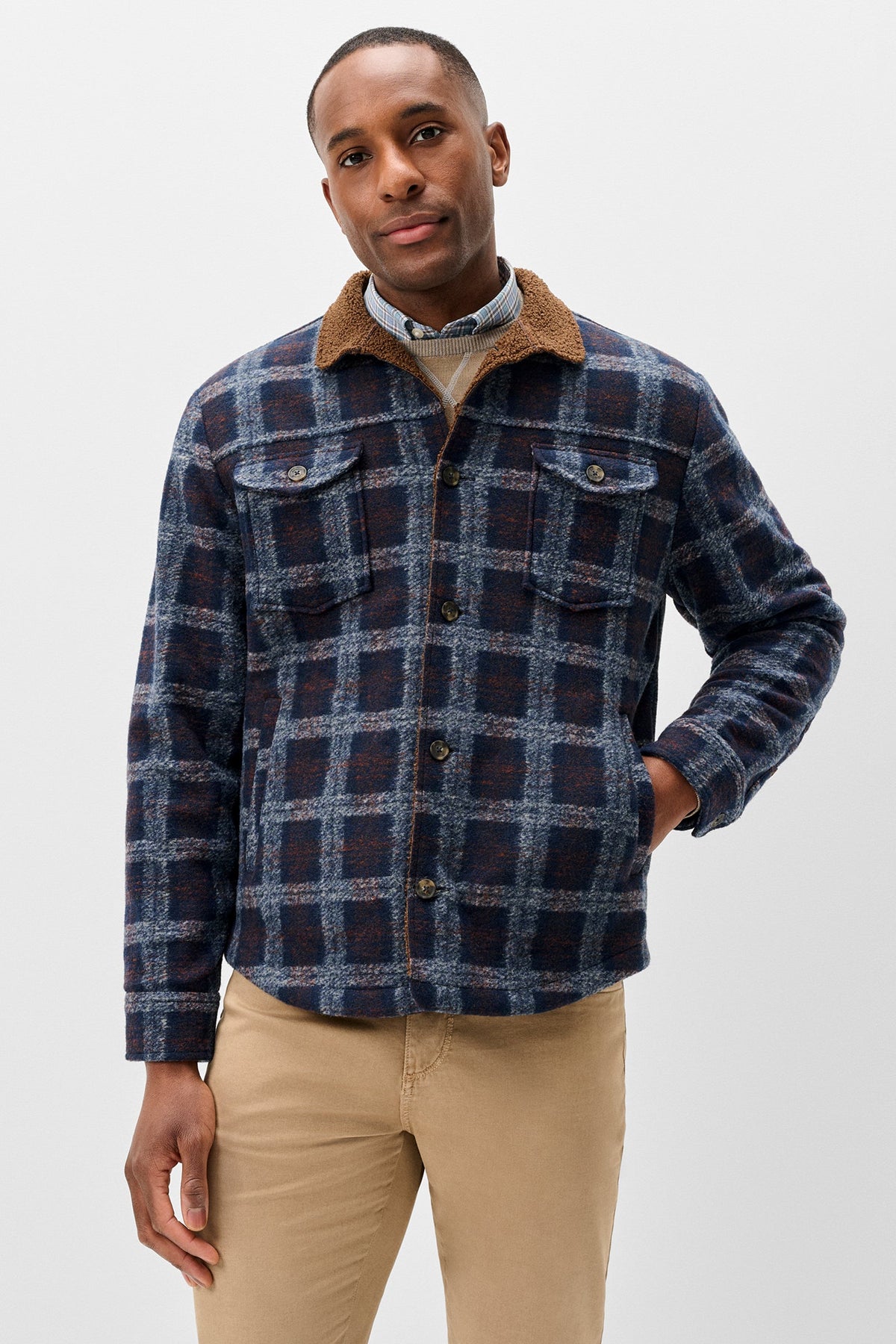 A man wearing a navy and blue plaid flannel overshirt jacket with a brown sherpa collar, paired with beige trousers, photographed against a light gray studio background.