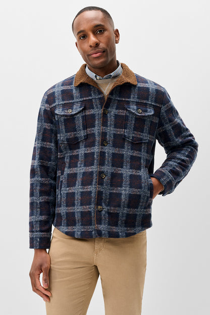 A man wearing a navy and blue plaid flannel overshirt jacket with a brown sherpa collar, paired with beige trousers, photographed against a light gray studio background.