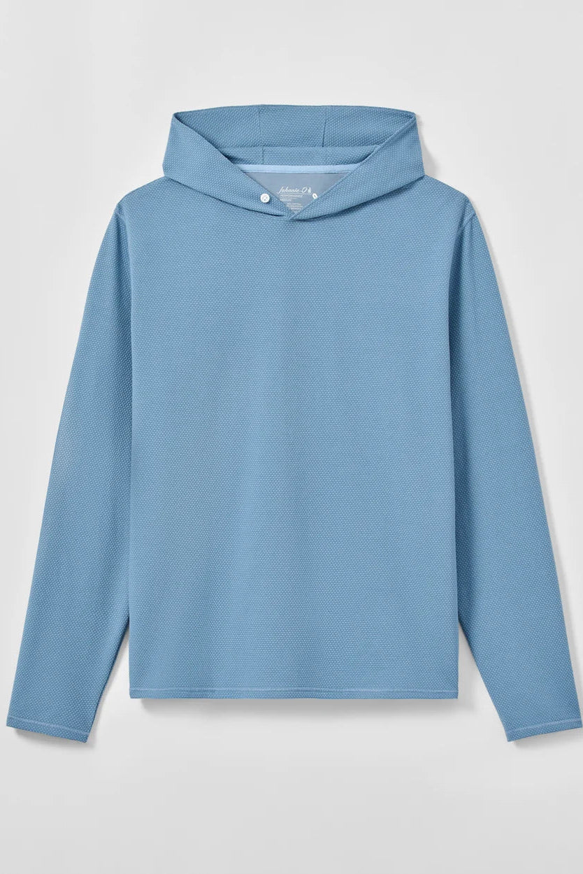 A light blue long-sleeve hooded sweatshirt with a buttoned neckline, displayed flat against a light gray background.