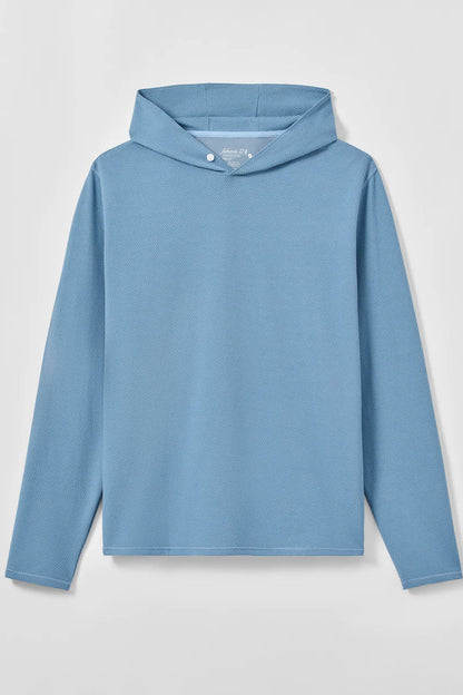 A light blue long-sleeve hooded sweatshirt with a buttoned neckline, displayed flat against a light gray background.