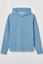 A light blue long-sleeve hooded sweatshirt with a buttoned neckline, displayed flat against a light gray background.