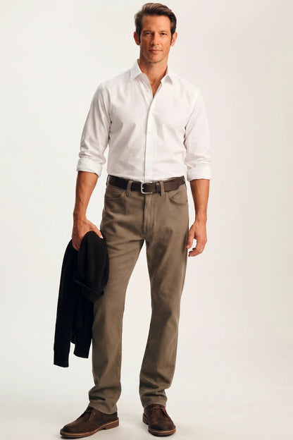 A man modeling a white long-sleeve button-down shirt, brown trousers, and brown shoes, holding a black jacket in one hand against a plain light background.