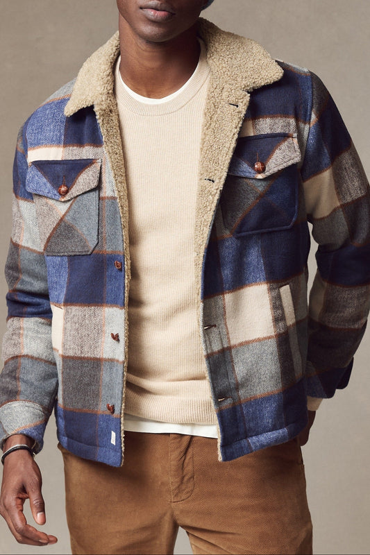 man in sherpa plaid jacket