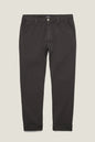 Dark charcoal gray slim-fit trousers with rolled cuffs, shown flat against a light beige background.