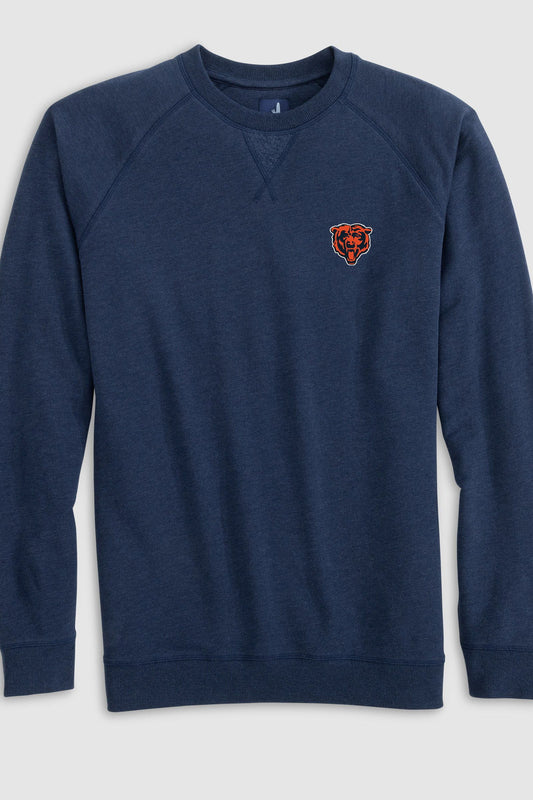 A navy blue crewneck sweatshirt with raglan sleeves and a small Chicago Bears logo embroidered on the left chest, displayed against a light gray background.