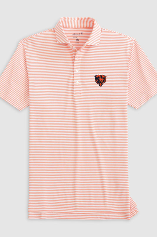 A short-sleeve polo shirt with thin orange and white horizontal stripes, featuring a small embroidered Chicago Bears logo on the left chest, displayed on a light gray background.