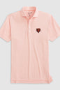 A short-sleeve polo shirt with thin orange and white horizontal stripes, featuring a small embroidered Chicago Bears logo on the left chest, displayed on a light gray background.