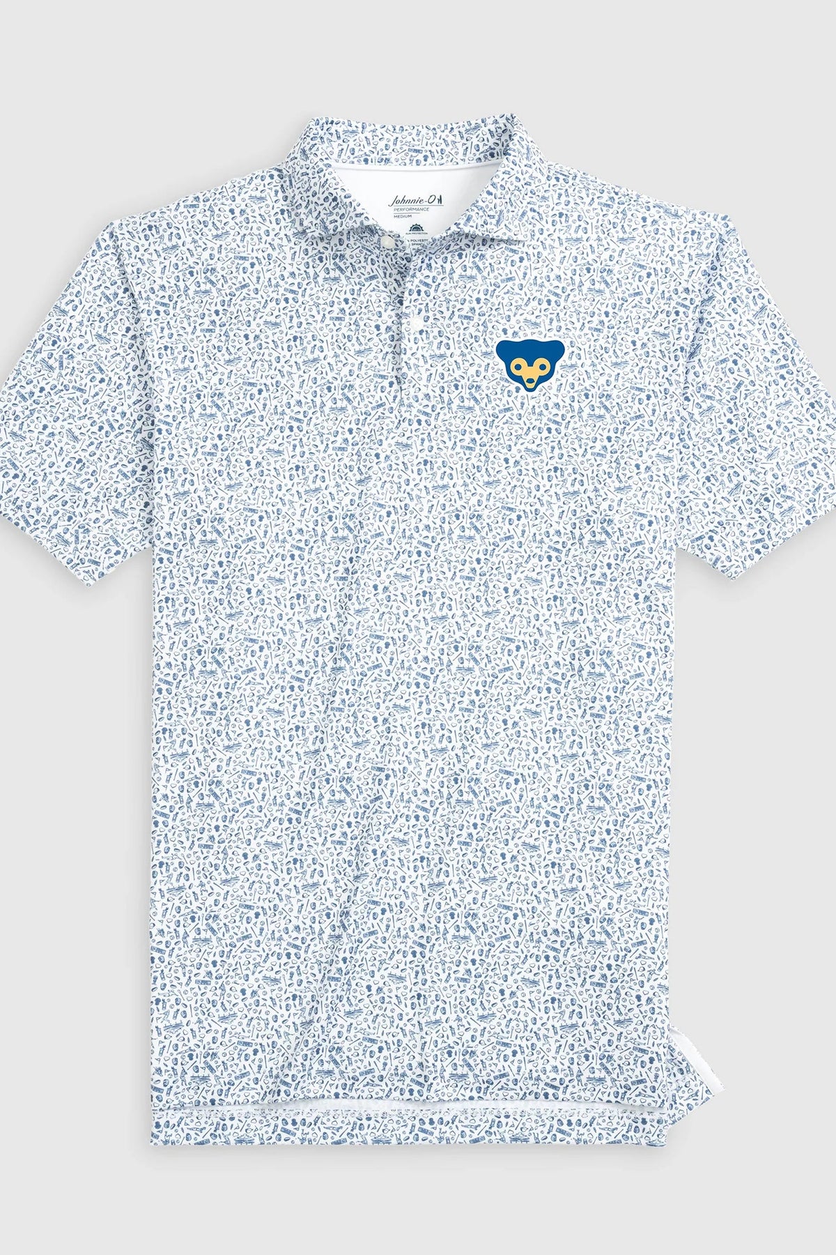 A short-sleeve polo shirt with a dense blue and white micro-pattern, featuring a small blue and yellow embroidered owl logo on the left chest. The shirt is displayed flat against a light gray background.