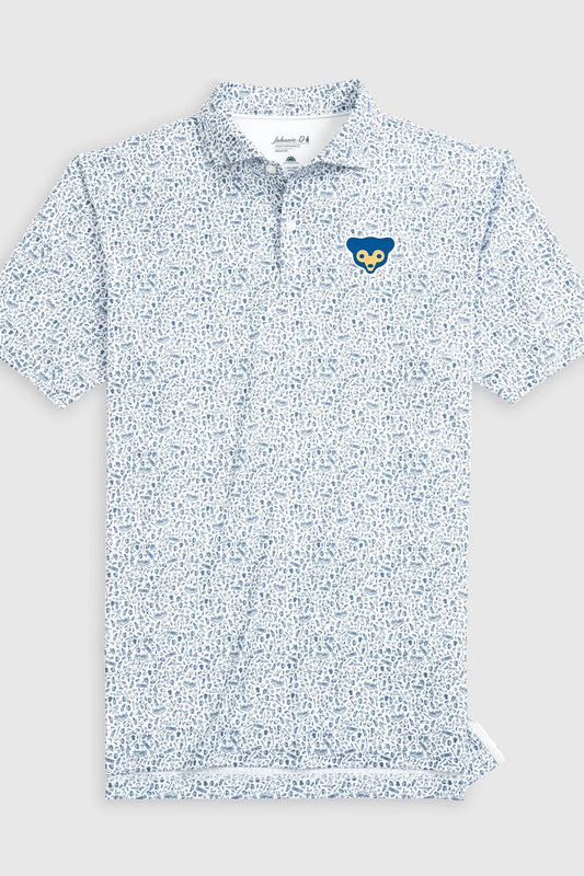 A short-sleeve polo shirt with a dense blue and white micro-pattern, featuring a small blue and yellow embroidered owl logo on the left chest. The shirt is displayed flat against a light gray background.