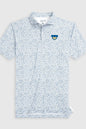 A short-sleeve polo shirt with a dense blue and white micro-pattern, featuring a small blue and yellow embroidered owl logo on the left chest. The shirt is displayed flat against a light gray background.