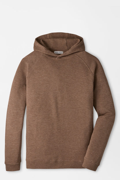 A brown heathered pullover hoodie with raglan sleeves, shown flat against a light gray background.