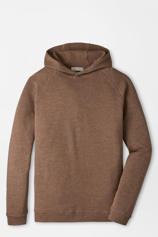 A brown heathered pullover hoodie with raglan sleeves, shown flat against a light gray background.