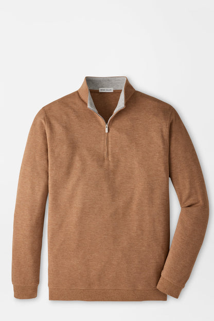 A men's quarter-zip pullover sweater in a heathered warm brown or camel color, featuring a contrasting light gray inner collar and a silver zipper, displayed on a clean white background.