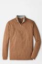 A men's quarter-zip pullover sweater in a heathered warm brown or camel color, featuring a contrasting light gray inner collar and a silver zipper, displayed on a clean white background.