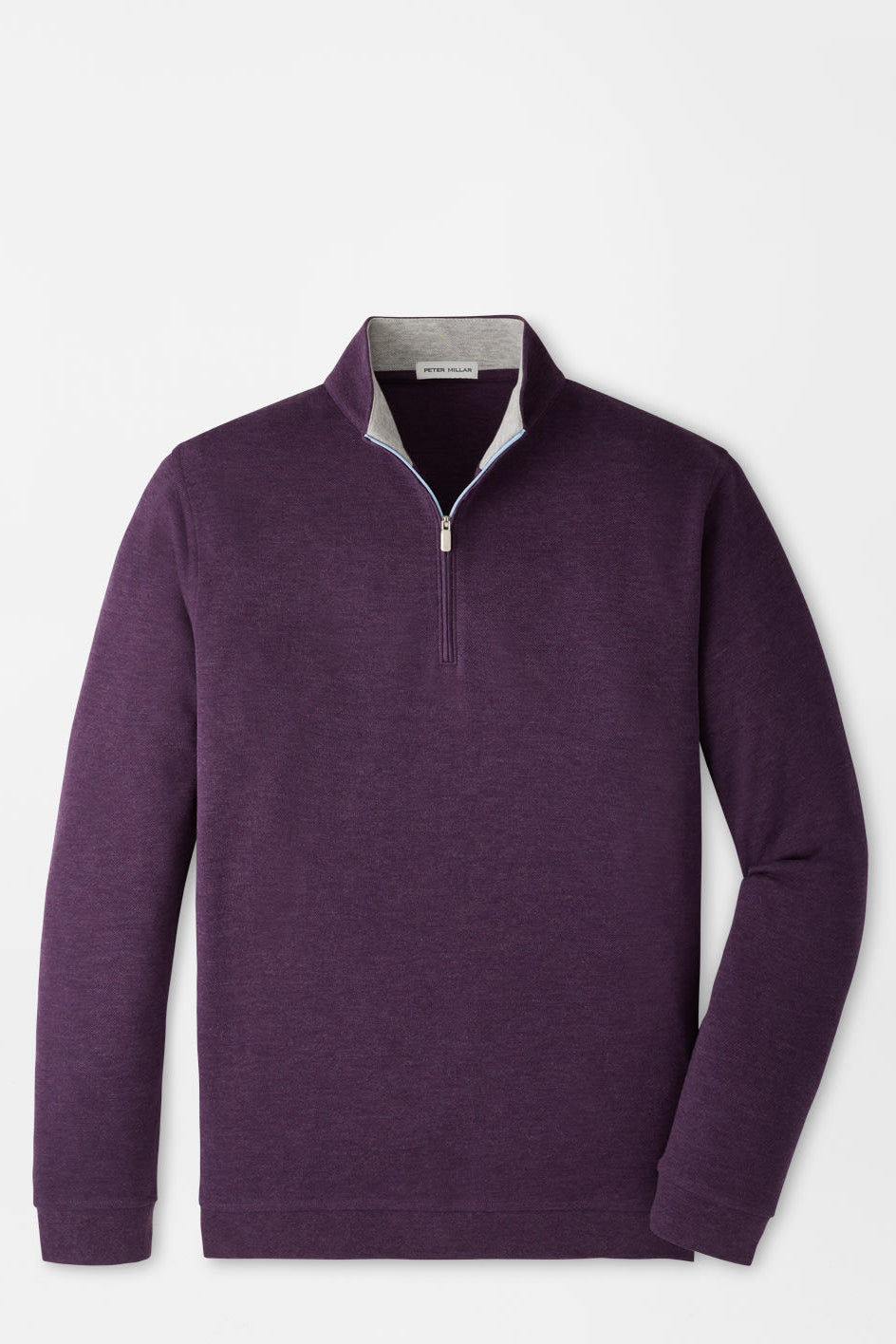 A men's long-sleeve quarter-zip pullover sweater in a heathered dark purple color, featuring a light gray inner collar lining and a silver metal zipper, displayed on a clean white background.