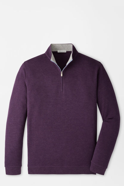 A men's long-sleeve quarter-zip pullover sweater in a heathered dark purple color, featuring a light gray inner collar lining and a silver metal zipper, displayed on a clean white background.