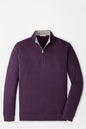 A men's long-sleeve quarter-zip pullover sweater in a heathered dark purple color, featuring a light gray inner collar lining and a silver metal zipper, displayed on a clean white background.