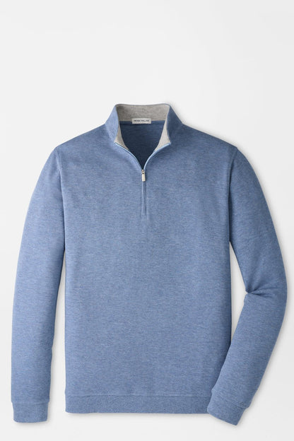 A men's heather blue quarter-zip pullover sweater with a light gray inner collar, displayed on a clean white background.