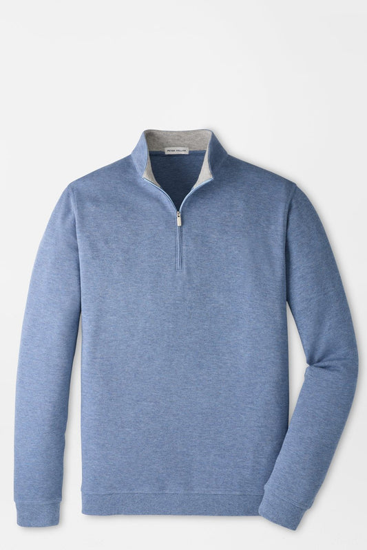 A men's heather blue quarter-zip pullover sweater with a light gray inner collar, displayed on a clean white background.