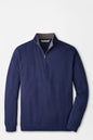 A navy blue long-sleeve quarter-zip pullover sweater with a contrasting gray inner collar, displayed on a clean white background.