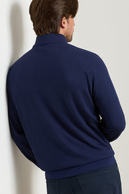 A man shown from the back wearing a navy blue textured quarter-zip sweater, leaning against a plain off-white wall.