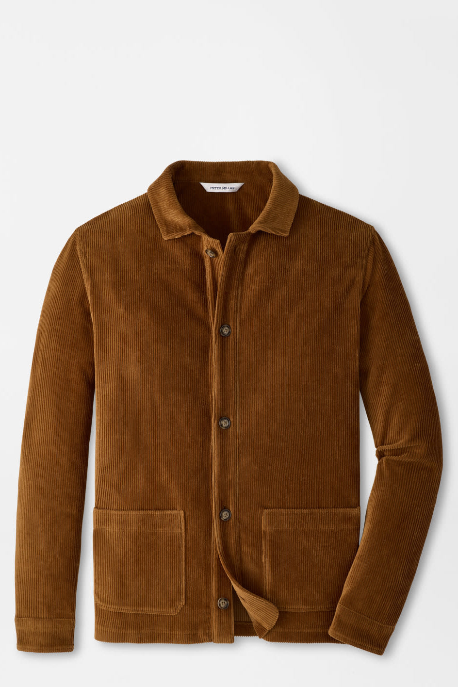 A brown corduroy jacket with a button-up front, collar, and two front patch pockets, displayed on a clean white background.