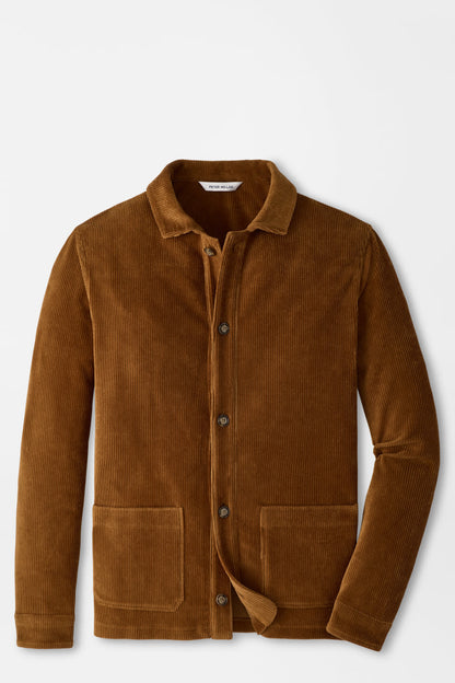 A brown corduroy jacket with a button-up front, collar, and two front patch pockets, displayed on a clean white background.